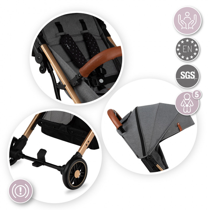 Kočárek MoMi ESTELLE šedý se zlatým rámem